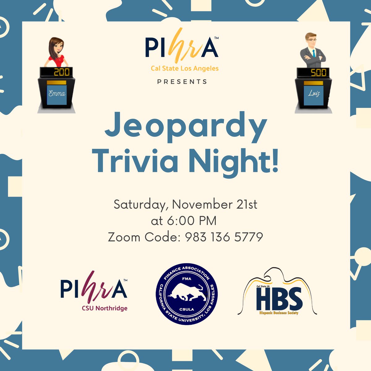CSULA_PIHRA's tweet image. Come through to our Jeopardy Trivia social this Saturday at 6pm. 🧠😊

The winners will receive prizes for those participating in our Jeopardy Trivia 🤩

Use the zoom code below ⬇️⬇️⬇️
Meeting ID: 983 136 5779
#pihracsula #jeopardy