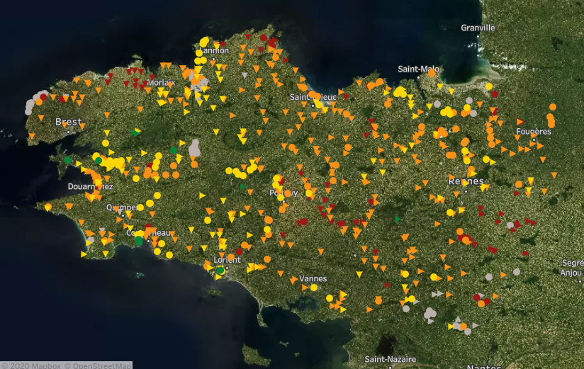 Alors, bien sûr, tout ne va pas parfaitement bien en bretagne. On peut le voir sur cette carte, beaucoup de jaune (moyen) et d'orange (médiocre). Rappelons que seul le rouge dépasse le seuil de potabilité. Cependant, les choses s'améliorent.7/25