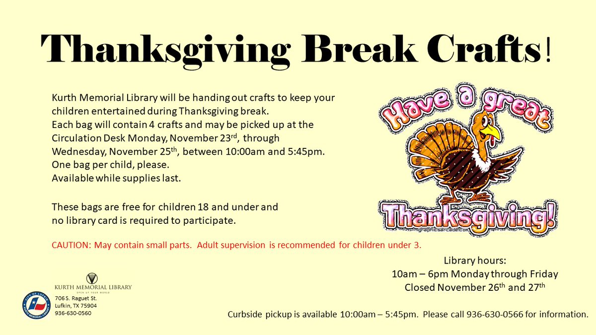 KurthMemorial's tweet photo. Drop by the library next week and pick up one of our Thanksgiving Take-and-Make craft bags.  Free for children 18 and under, no library card required.
Bags may be picked up at the Circulation Desk Monday, November 23rd - Wednesday, November 25th, between 10:00am and 5:45pm https://t.co/TQnRitJHM5