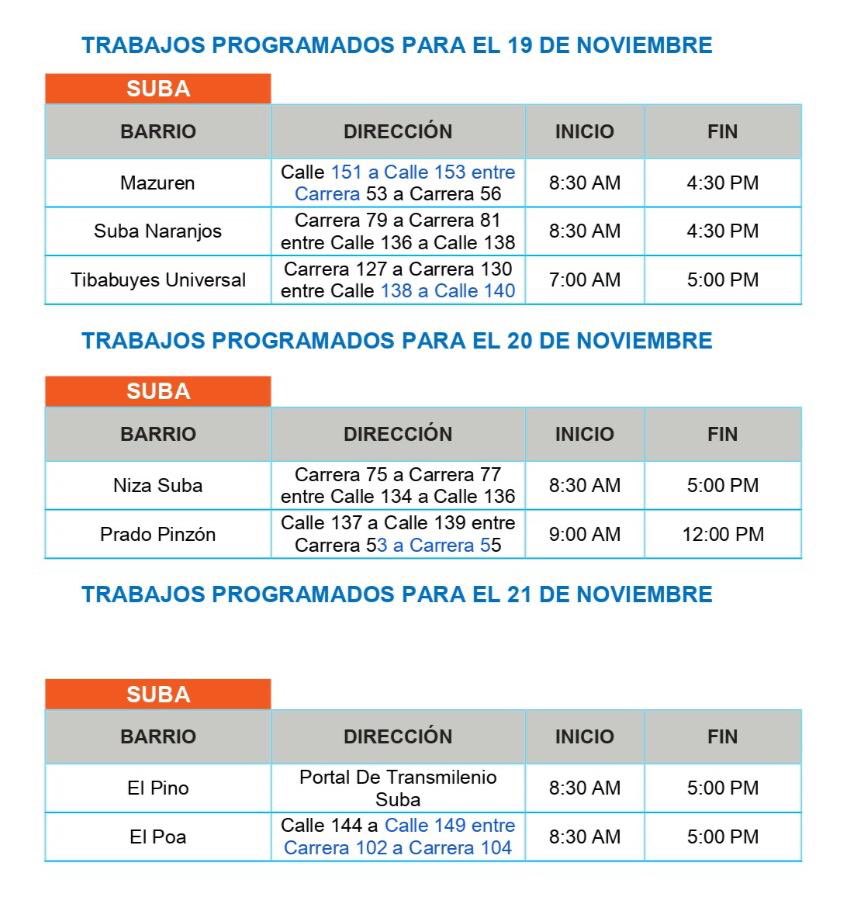 subaalcaldia's tweet photo. 💡Cortes programados por @CodensaEnergia para los días 19, 20 y 21 de noviembre en diferentes zonas de la localidad de #Suba.

Para solucionar inquietudes: Línea de Atención al Cliente 7115115 (Bogotá) y Aplicación Móvil – Enel-Codensa. https://t.co/uSXesi2ZPB