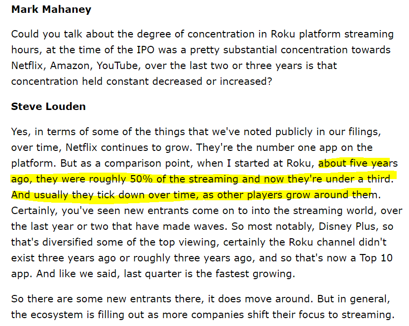 Increasingly less streaming concentration hours through Netflix. 5 yrs ago was ~50%, now below 30%, and continues to tick down over time as other streaming players enter the market = fragmentation of content/media.