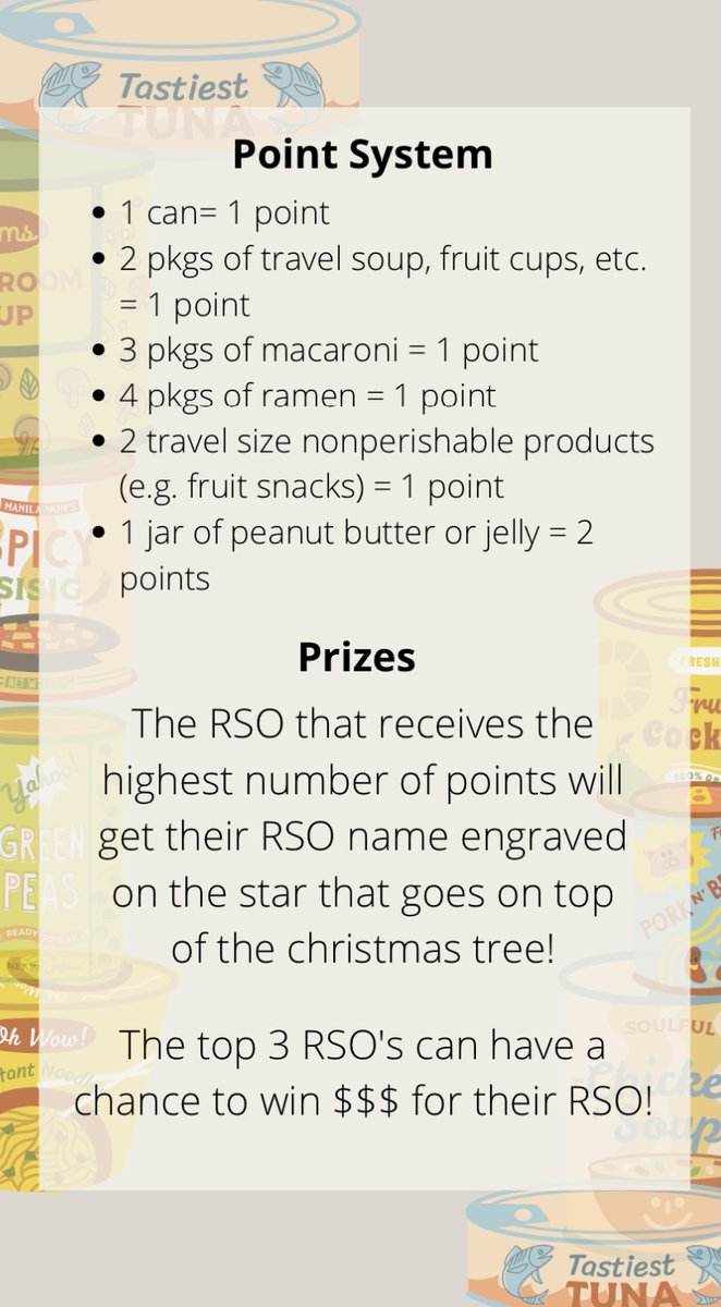 Hey Bulldogs, what better way to kick off the season of giving than by taking part in our annual canned food drive?! Potential prize of $500 will be awarded for 1st, 2nd, and 3rd place!