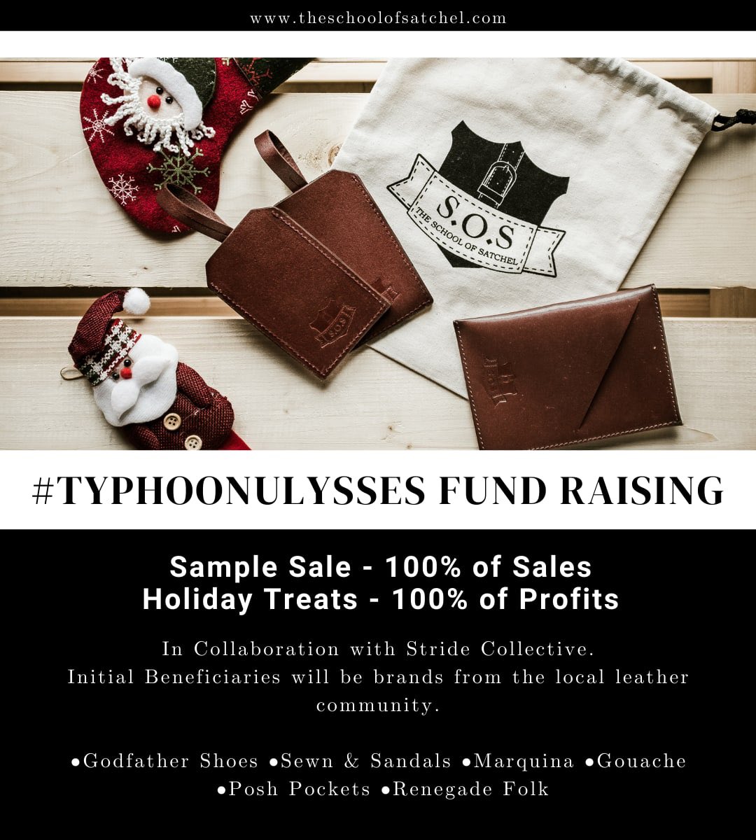 SchoolofSatchel's tweet photo. Christmas Fund Raising Sale in collaboration with Stride Collective.
100% of Sales from Sample Stocks &amp; 100% of Profits from Promo will be donated to businesses in the local leather industry affected by #TyphoonUlysses 
Promo runs from Nov. 17-30, 2020. https://t.co/gT3qElrEDz