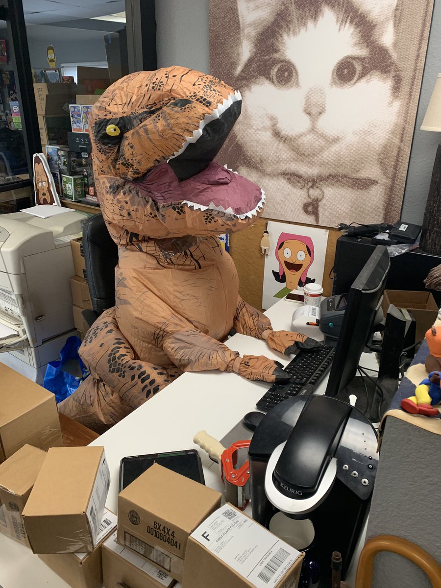 toddlandstore's tweet photo. If you’re wondering why it’s taken us five months to ship #sdcc and pride orders, we’re just gonna say that having intern velocorAmber *even though she’s a T-rex, in charge of the project may have been a (hilarious) mistake. #stillshipping https://t.co/7L8yEjVHd6