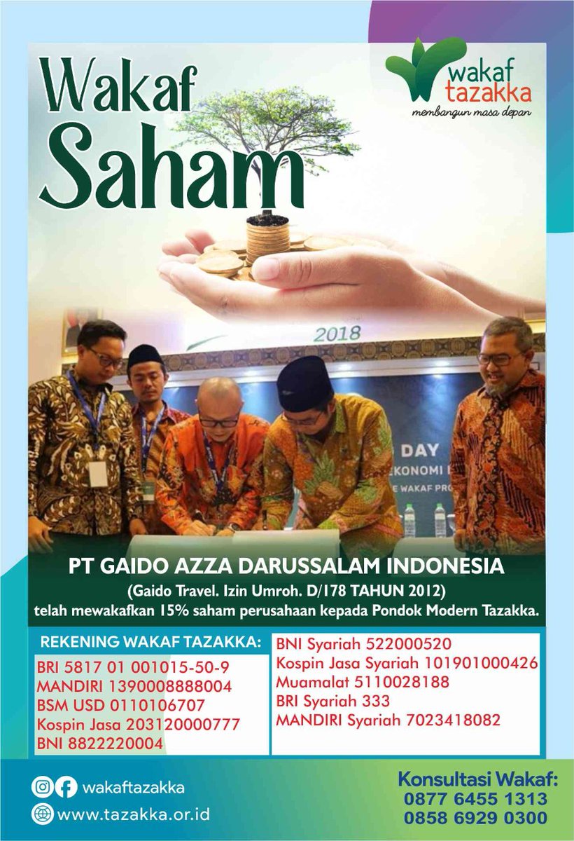 Lalu berkembang. Ada beberapa travel haji umrah yang sebagian sahamnya di wakafkan, misal: PT. Gaido Azza Darussalam.