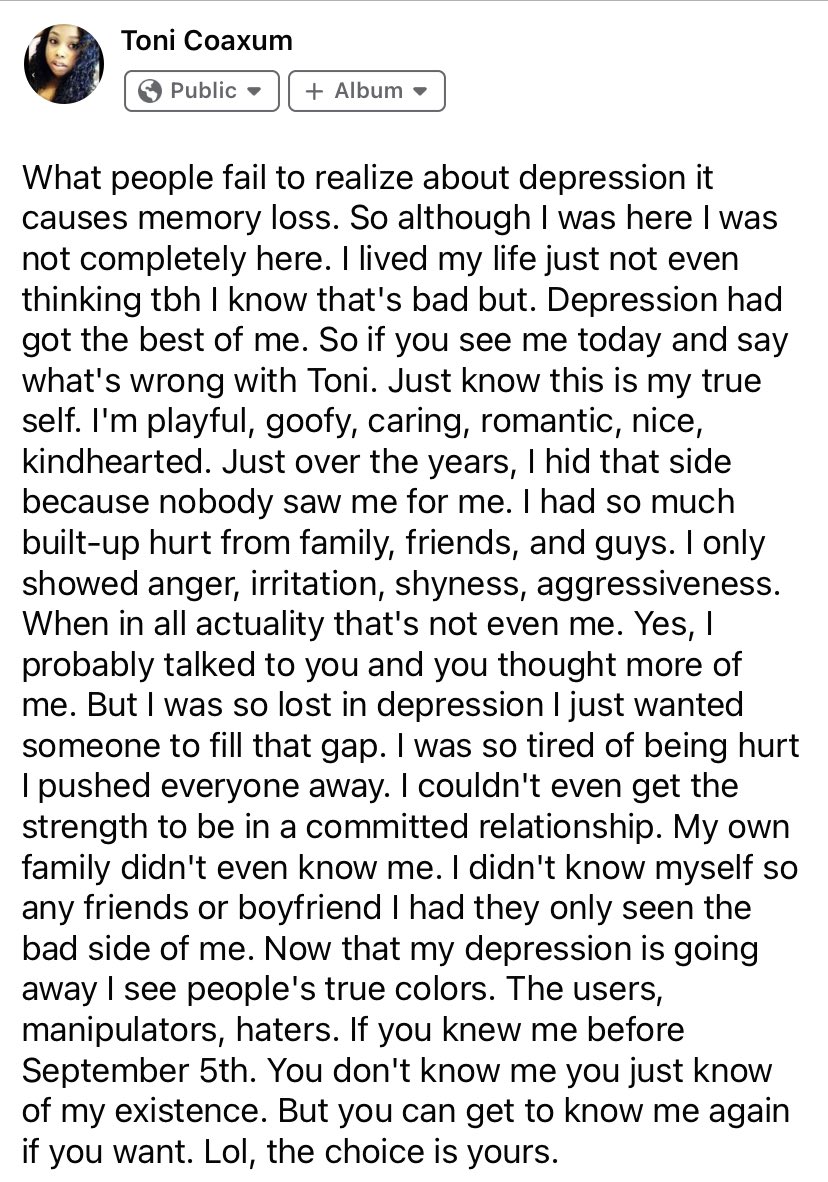 People forget the worse part about depression is feeling dead in the inside. But still living life, I had loss my memory to depression. With the help of God through my strength came back. If I can do it you can too. One step at a time. #god #depression #Healing