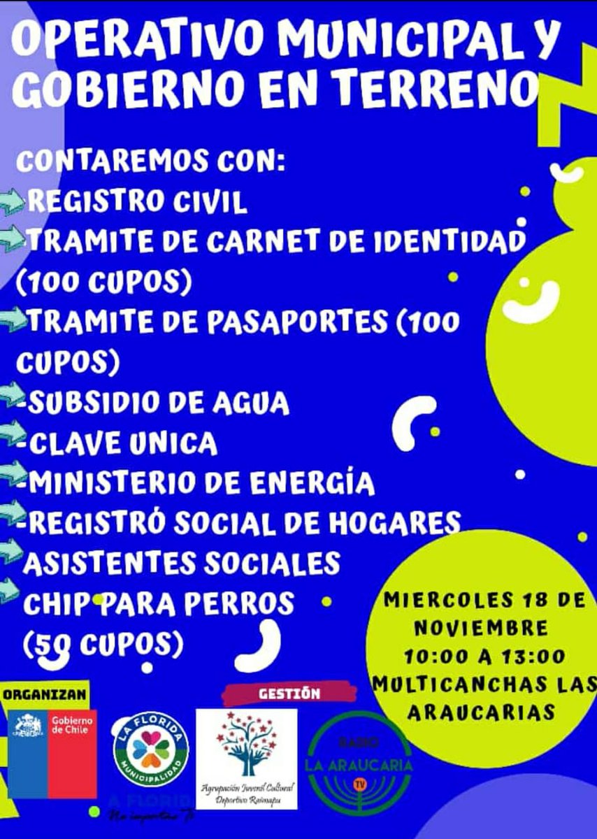 centroraimapu's tweet photo. ¡Vecinos y Vecinas!🤸‍♀️Mañana Miércoles18, desde las 10:00 hasta las 13:00, Municipalidad de La Florida hará en las multicanchas un Operativo de "Gobierno en tu Barrio". 
Recuerden que para trámites de Carnet de Identidad solo se entregarán 100 cupos y 50 cupos para Chips de perros https://t.co/Sv6rLttOGI