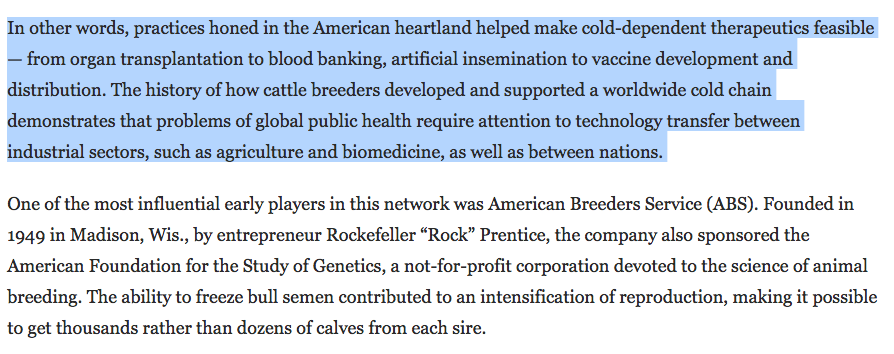 12/ A 1950s method for shipping frozen bull semen from the American midwest wasn't patented and is now a secret weapon for distributing the covid-19 vaccine. Fascinating on Agribusiness driving tech transfer of Liquid nitrogen from rich to poor countries  https://archive.is/CUVNx 