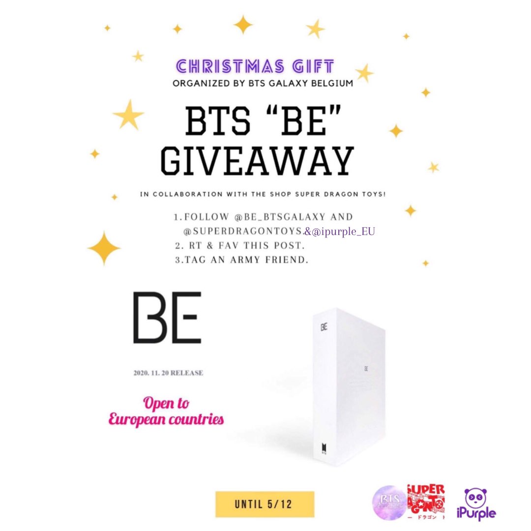 BE_BTSGALAXY's tweet photo. [GIVEAWAY🎄🎁 X @BTS_twt]

🇫🇷
J-3 avant le comeback ! N’oubliez pas d’augmenter vos chances de gagner en suivant @iPurple_EU 💕

🇳🇱
D-3 voor de comeback! Vergeet je kansen niet te verhogen om te winnen door @IPurple_EU te volgen 💕

Open to European countries - 5/12 https://t.co/jB5n5zPtKu
