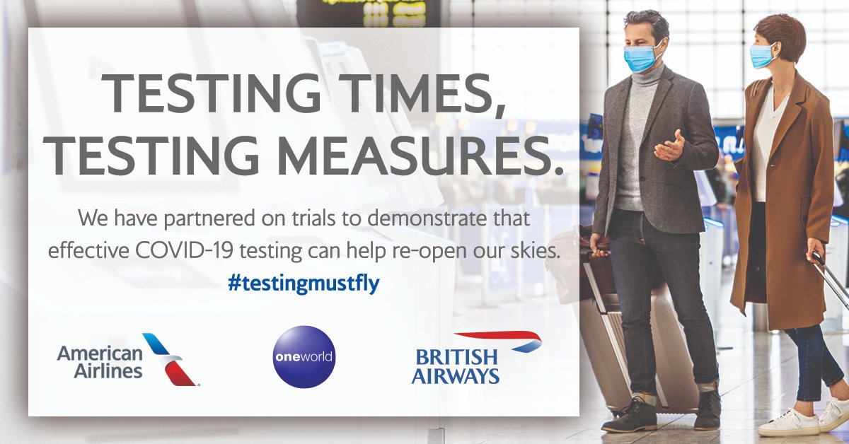 traveloneworld's tweet photo. We believe testing for #COVID19, instead of imposing quarantine, is the safest way to re-open our skies.
@AmericanAir & @British_Airways will be inviting customers traveling from DFW, LAX & JFK to LHR to our COVID testing trial.
https://t.co/al9zYQCWT7
#testingmustfly https://t.co/MeEtJgGeSQ