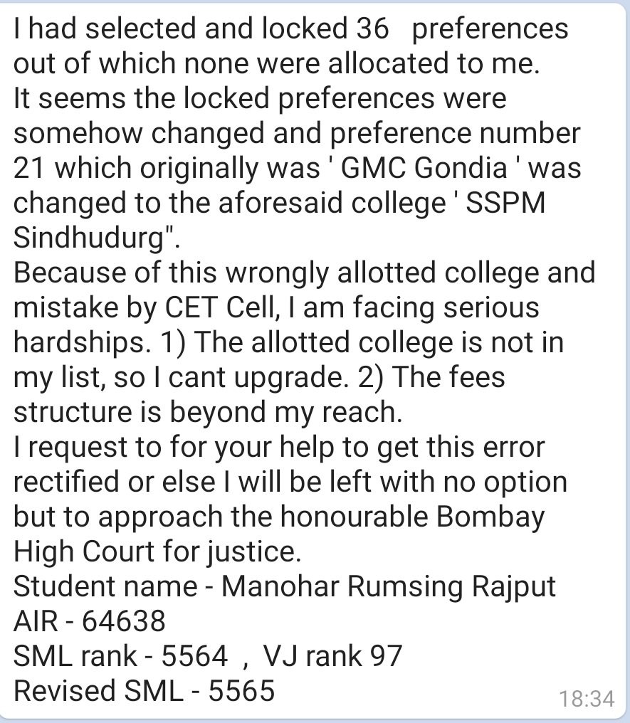 DrAsh_Mahendra's tweet photo. #justiceformanohar  
 Possible Scam in Choice filling &amp; allocation of Seats,needs to be investigated.
 "S.S.P.M Medical College, Kudal - Sindhudurg' allotted in Round No1 by State CET Cell Maharashtra Which  was not preferred by Candidate."
@UdhavThackeray @DrRPNishank https://t.co/7vv64MhPp5