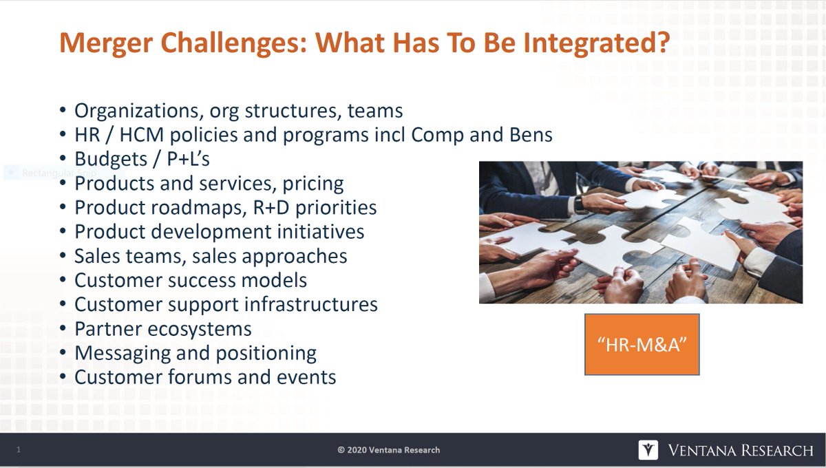 Slide from my @ventanaresearch Analyst Perspective after the Ultimate/Kronos merger was announced in early 2020. From the update by @UKGInc at #UKGSummit  -- Integration is going well, even during this uniquely challenging year. Here's that AP video preso: stevegoldberg.ventanaresearch.com/kronos-and-ult…
