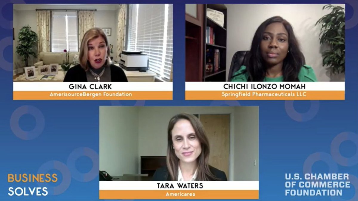 Image is a screenshot from three women each headshot in web camera frame. Top left Gina Clark of AmerisourceBergen Foundation. Top right Chichi Ilonzo Momah of Springfield Pharmacy. Bottom center Tara Waters of Americares.