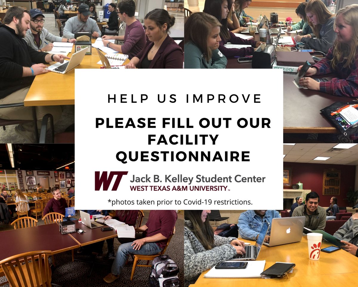 WTAMUJBK's tweet photo. Will you help us improve? We want to hear from you on what you'd like to see in the JBK. We are here to serve our WTAMU Campus Community and we can only do that by hearing from you. Thank you for helping us improve the Jack B. Kelley Student Center.
https://t.co/ui4yMA2wXR https://t.co/XnvhozVX1G