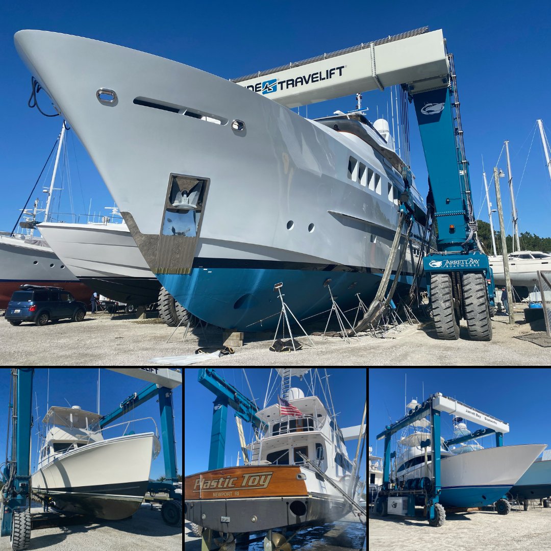 BluewaterYS's tweet photo. All of the Jarrett Bay lifts are working hard today! The Buddy Davis "Plastic Toy" and the Wesmac "Run Off" are being surveyed, and the Newcastle "14 to Smile" and the Viking "Irish Twin" are visiting the yard.
#jarrettbayboatworks #vikingyachts #buddydavis https://t.co/umrBQaEaA9