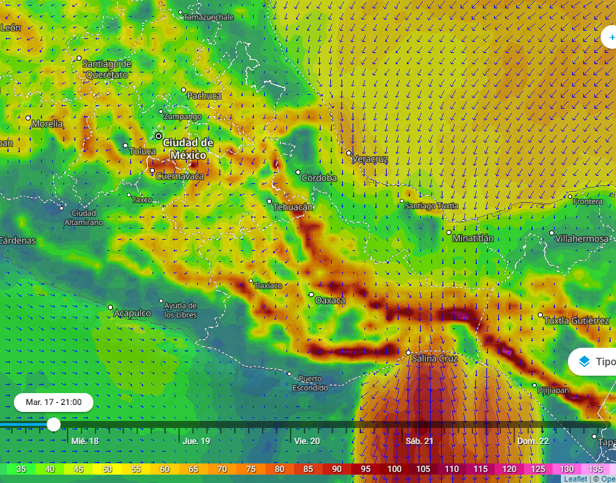 InfoMeteoro's tweet photo. 🔴ADVERTENCIA: fuerte viento persistirá esta tarde-noche por aumento de presión atmosférica (aire frío):

🌬️100-140 km/h Istmo de Tehuantepec
🌬️70-90 km/h montañas y Ver.
🌬️45-70 km/h Gto, SLP, Qro, Hgo, Pue, Tlax, EdoMex, CDMX, Mor, Mich, Gro, Oax, Tab, Chis y P. de Yucatán. https://t.co/2c6n3KFPhF