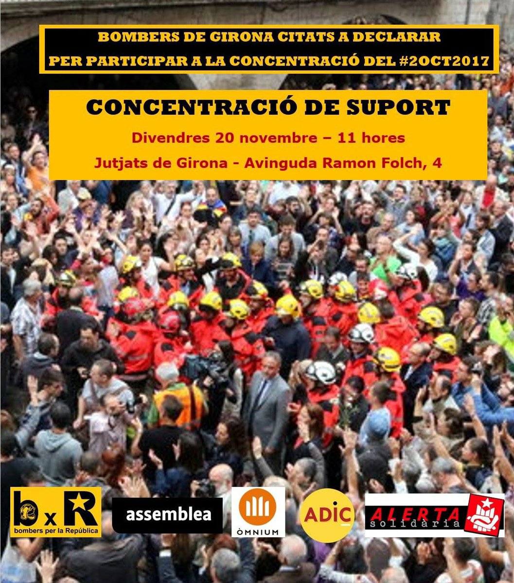 SalvadoBaro's tweet photo. ◼ #JoAmbElsBombers
Divendres #20N estan citats a declarar bombers de #Girona, acusats de malversació per participar en la concentració del #2Oct2017 https://t.co/j18BTw8zJr