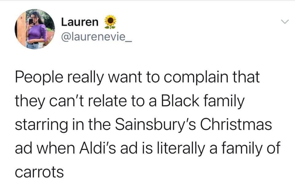 phiebramley's tweet image. #KevinTheCarrot #sainsburysXmas #stopbeingracist #racist #stopracism #xmasadverts #Christmas2020 #Christmasadvert #BlackLivesMatter