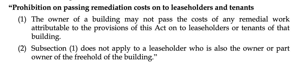 The amendment bans passing on of costs of *any* remedial work attributable to the Act. But that would also include routine maintenance - replacing worn out communal fire doors, or safety lighting system on the fritz, or out of date fire extinguishers, for example.