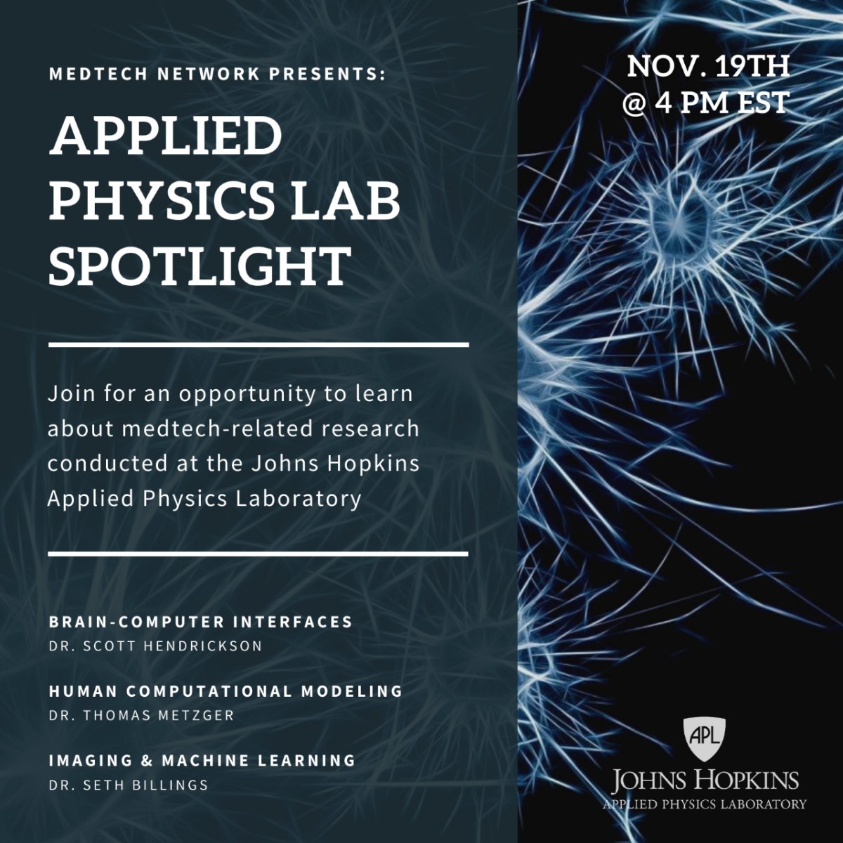 HopkinsBiotech's tweet photo. Applied Physics lab Spotlight with Hopkins experts on Nov 19th 4pm - https://t.co/DUSrADzGbv https://t.co/pX7nKY8RDA