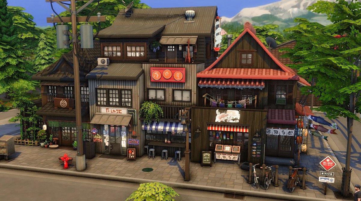 RoxxySims's tweet photo. I've made a Japanese City Street for Mt. Komorebi! 🗻

It includes a Restaurant (which is what I'll use this lot for), a Tea House, a Fish Shop, a Laundromat, a Modern Apartment, and a more traditional Apartment.

📽 You can watch the build here! https://t.co/sgKGN9qc46 https://t.co/WOZsxY5c0K