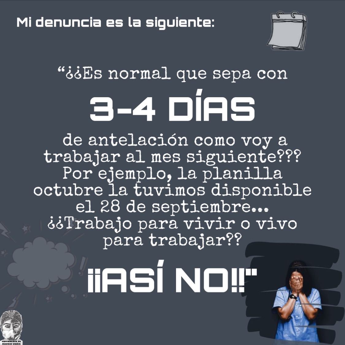EnfMadridUnida's tweet photo. 📢 HOY DESDE ENFERMERÍA DE MADRID UNIDA DENUNCIAMOSA TRAVÉS DE LA CARA B DE LA ENFERMERÍA🗣‼️:

⚠️Estos testimonios que se repiten en muchos de los centros sanitarios de Madrid 🏥 ⚠️

#LacaraBdeLaEnfermeria

👇🏽👇🏽👇🏽👇🏽👇🏽 https://t.co/2x6kgDo2EQ