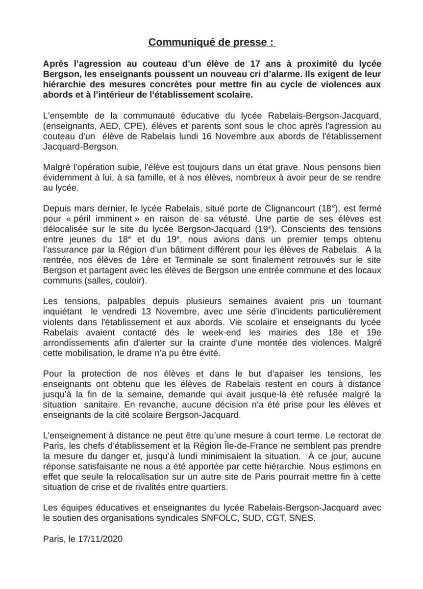 Communiqué de presse des personnels des lycées Rabelais, Bergson et Jacquard après l’agression au couteau d’un élève de 17 ans à proximité du lycée Bergson le lundi 16 novembre ➡️ sudeducation75.org/article1455.ht…