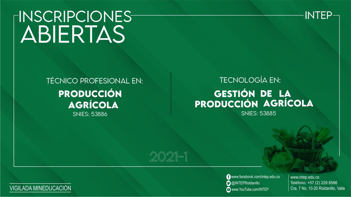 #InscripcionesAbiertas - #ProgramasAcadémicos:

Inscripciones abiertas al primer período académico del 2021 de los programas Técnicos Profesionales, Tecnológicos y Profesionales Universitarios pertenecientes al <a href="/INTEPRoldanillo/">INTEP Roldanillo</a>.
bit.ly/38VGqQz