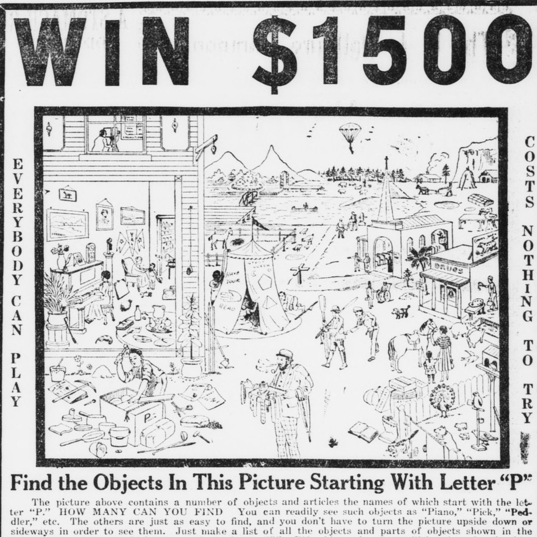 HistoricMDNews's tweet photo. Win $1500 for finding objects that start with the letter ‘P’? Now that sounds like a fun game! #NovemberDistractions #ChronAmParty #ChroniclingAmerica #ChronAm

https://t.co/CsNCVqYjS2 https://t.co/BuR03Nll9S