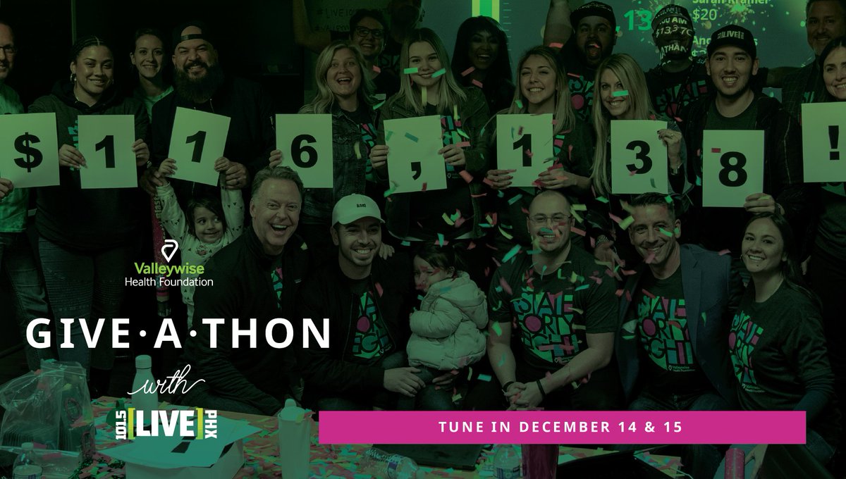 ValleywiseHthF's tweet photo. Join us for our annual @live1015phoenix #GIVEATHON on December 14 & 15! Hear inspiring patient and healthcare hero stories, tune in to the live show and give back to @valleywise_az. Text "ALLINAZ" to 91999 to pledge your support. Visit https://t.co/soD77oPdOP for more details. https://t.co/JmYJ4oXQGi