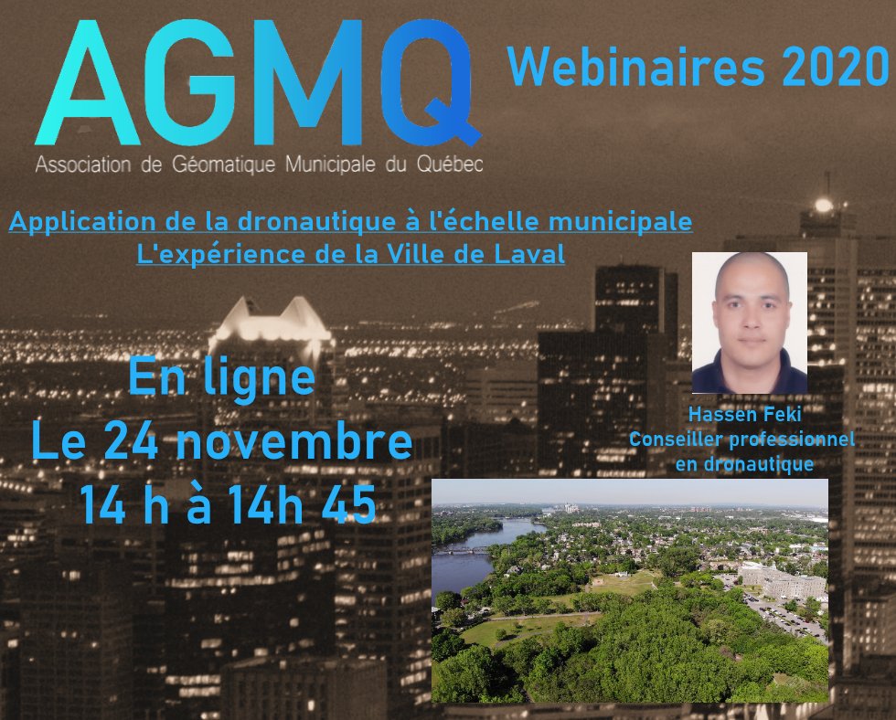 Webinaire | Application de la dronautique à l’échelle municipale : L’expérience de la Ville de Laval | Mardi 24 novembre – 14h | Inscription gratuite
#Géomatique, #Dronautique, #AGMQ, #Municipal, #Conférence
Pour inscrire: us02web.zoom.us/meeting/regist…