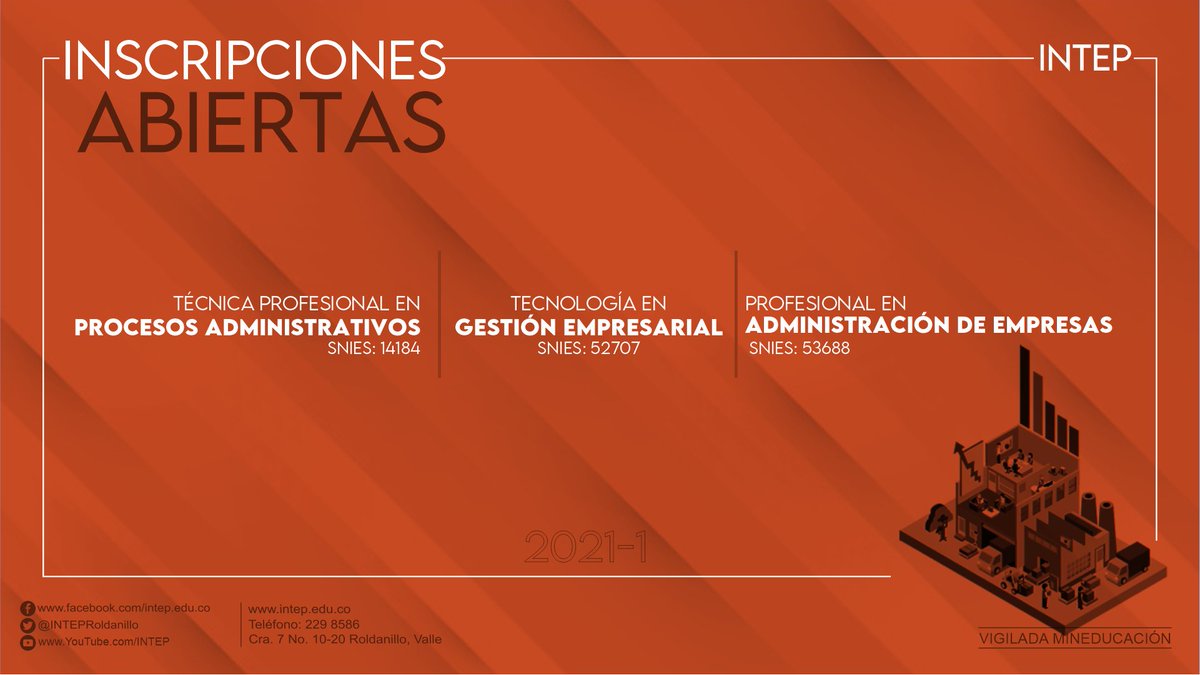 #InscripcionesAbiertas - #ProgramasAcadémicos:

Inscripciones abiertas al primer período académico del 2021 de los programas Técnicos Profesionales, Tecnológicos y Profesionales Universitarios pertenecientes al 
<a href="/INTEPRoldanillo/">INTEP Roldanillo</a>
.
bit.ly/38VGqQz