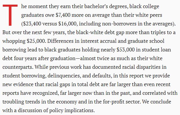 Per  @BrookingsInst:"Differences in interest accrual and graduate school borrowing lead to black graduates holding nearly $53,000 in student loan debt four years after graduation—almost twice as much as their white counterparts."(Passage below, source:  https://www.brookings.edu/research/black-white-disparity-in-student-loan-debt-more-than-triples-after-graduation/)