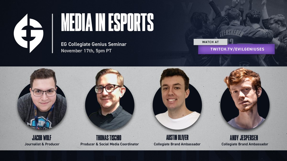 EvilGeniuses's tweet photo. What goes into dropping #Wolfbombs in esports?
Join us tonight for a special "Media in Esports" Genius Seminar with @JacobWolf and @tischphotos at 5PM PT and find out!
https://t.co/ndedM5fyVA πΊ π£ https://t.co/h15eFTXFqT