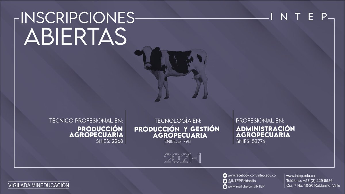 #InscripcionesAbiertas - #ProgramasAcadémicos:

Inscripciones abiertas al primer período académico del 2021 de los programas Técnicos Profesionales, Tecnológicos y Profesionales Universitarios pertenecientes al 
<a href="/INTEPRoldanillo/">INTEP Roldanillo</a>
bit.ly/38VGqQz