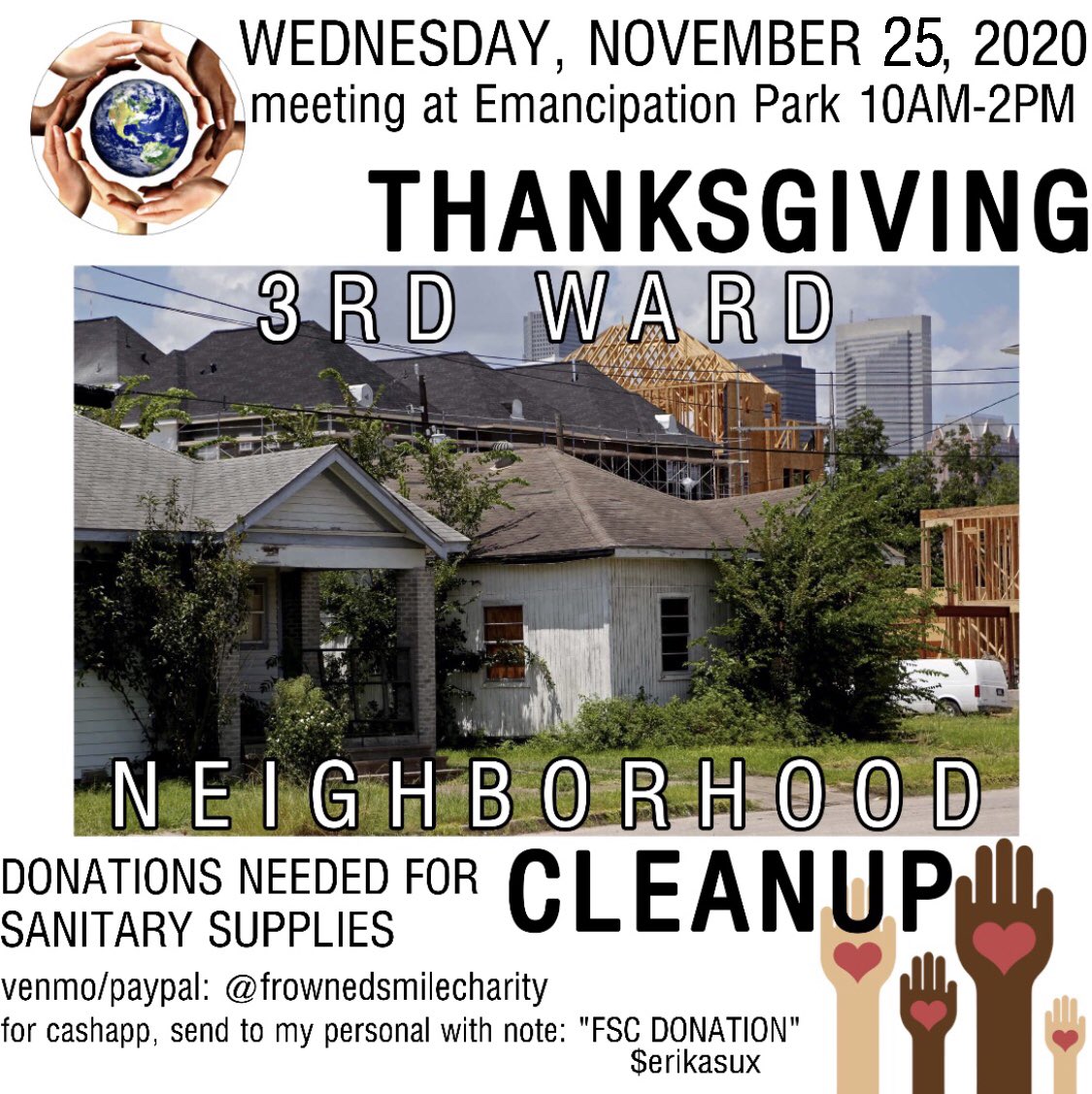 frownedsmileorg's tweet photo. Hello, we are hosting our first neighborhood cleanup this year! meeting at Emancipation park on Wednesday, the 25th @ 10am until 2pm. Please meet at the corner of Emancipation and Tuam (across the street from Soul Food Vegan). PLEASE SHARE SO WE CAN GET AS MANY HANDS AS POSSIBLE! https://t.co/wQIitLqzrh
