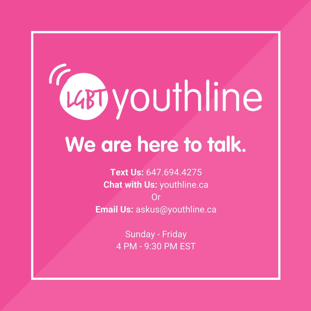 5/5: If you are a 2SLGBTQ+ youth and are getting bullied or maybe you are wondering how to help someone who is getting bullied, our HelpLine is open from Sunday to Friday 4-9:30 PM EST. We are here for you!
