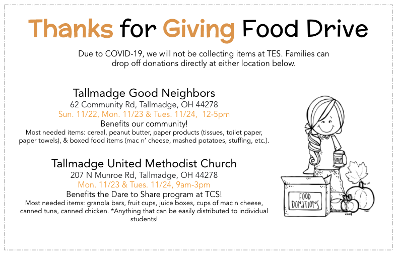 MsDauberman's tweet photo. The Thanks for Giving food drive is still happening this year! It will just look a little different. Families can drop off donation items directly at the locations below. Thank you to our community partners for making this possible! ππ #TallmadgeElementary #TallmadgeProud https://t.co/oBoznt1sca