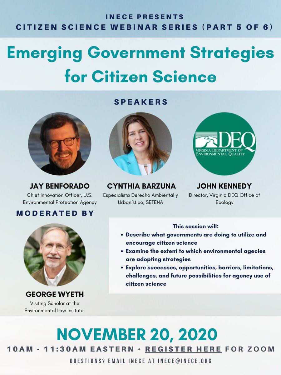 inece's tweet image. Session 5 will go over how governments are utilizing and encouraging #citizenscience. Panelists will discuss successes, opportunities, and challenges for agency use of citizen science! Speaker lineup from @EPA @VirginiaDEQ 

Register for Nov. 20 webinar: bit.ly/35qIBcS