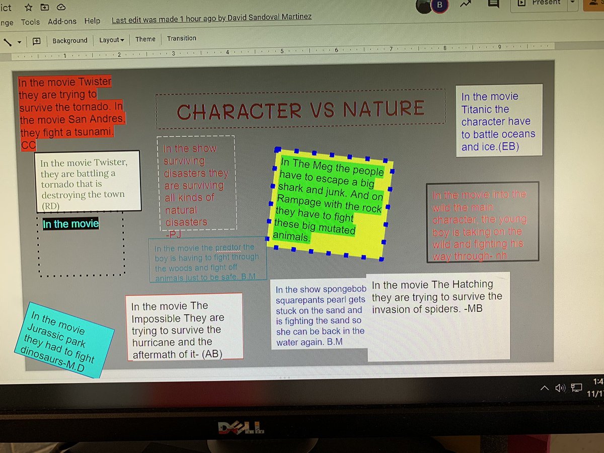 RDavisGMS's tweet photo. Today we used @Google #slides in a discussion board type setting to provide examples of external conflict. The students were engaged and loved adding their own thoughts and ideas. #shapingscotties #GMS #makingthemiddlematter https://t.co/eKNicvGC1F