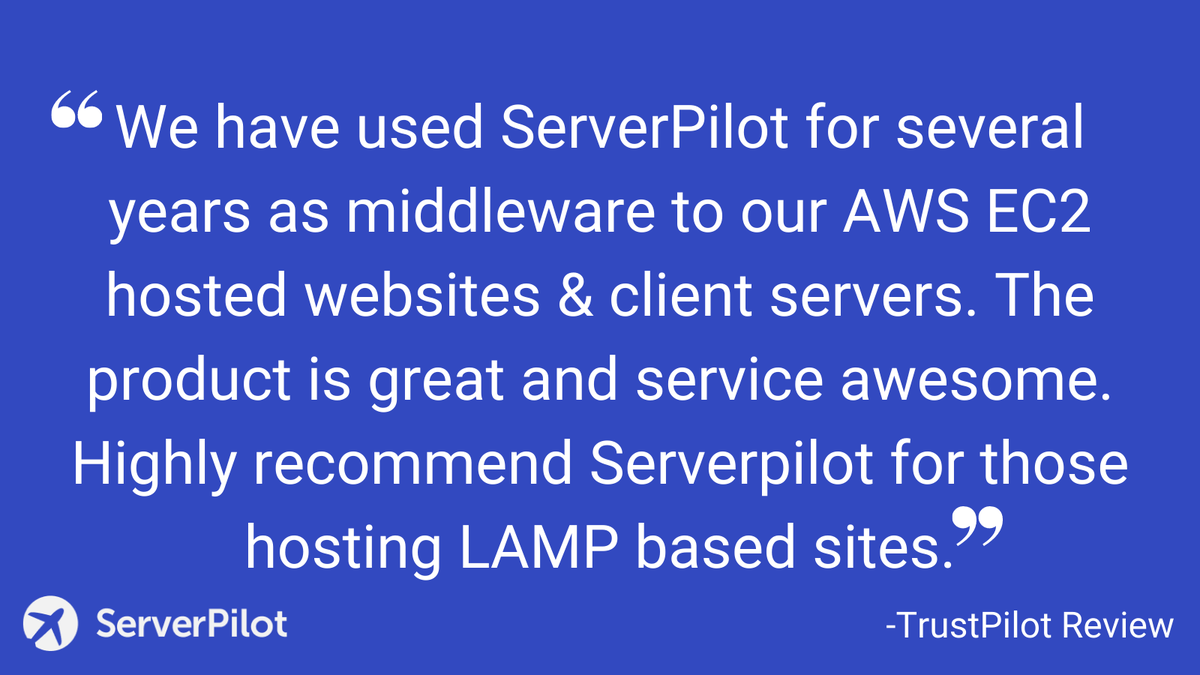ServerPilot's tweet image. At ServerPilot, we pride ourselves on the quality of our product and support services. Find more ServerPilot reviews here au.trustpilot.com/review/serverp…

#servermanagement #managedhosting #servers #hostedwebsite #webhosting
