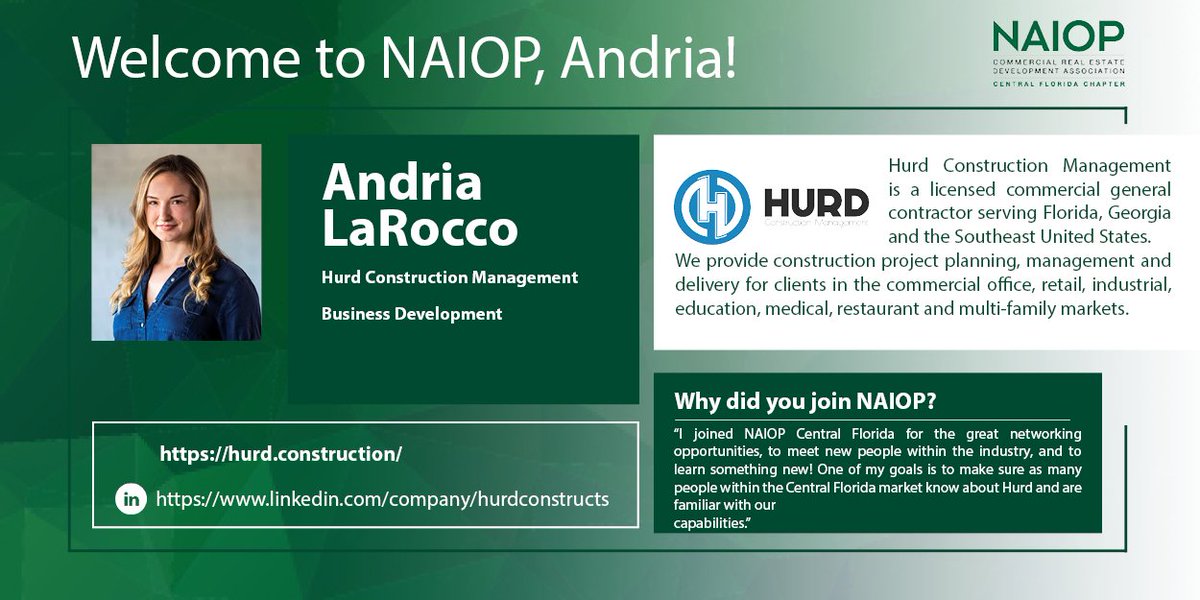 Welcome our new member, Andria LaRocco, to NAIOP Central Florida!

#NAIOPCentralFlorida #CRE #CommercialRealEstate #NAIOP