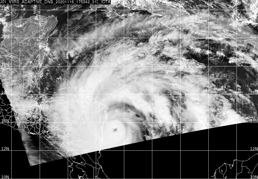 DAPS_Grad's tweet photo. Record breaking hurricane Iota is only the second category 5 storm to form in November (the other was in Cuba in 1932). Here it is seen at night by the VIIRS instrument on board the JPSS-01 satellite, captured by the @CARE_HamptonU DBS shortly before making landfall in Nicaragua. https://t.co/P4AYpfs6JM