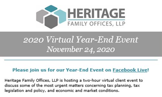 heritagefollp's tweet photo. Heritage Family Offices, LLP is hosting a year-end virtual event! Please join us via Facebook live on November 24th, 2020 4:00pm-6:00pm (MST). For additional information, please visit our website, https://t.co/x3FOHz863a, or contact your Heritage professional! https://t.co/mYuZNXDUoY