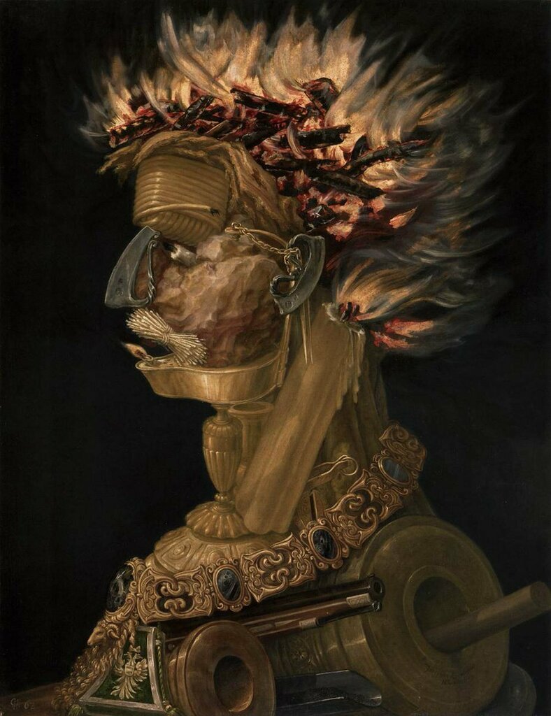 Fire, 1566, by Italian painter Giuseppe Arcimboldo best known for creating imaginative portrait heads made entirely of objects such as fruits, vegetables, flowers, fish and books. Fire is part of “Four Elements” series of oil paintings depicting human faces in profile made u…