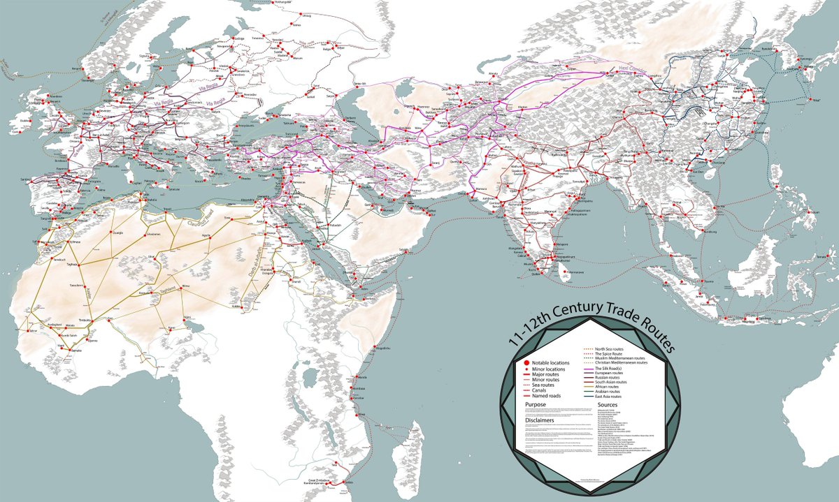 JordiLlatzer's tweet photo. Extraordinario mapa en el que se muestran al detalle las rutas comerciales y ciudades más importantes del mundo en el s. XI y XII y que explica lo importante y crucial que fue para el ascenso de Europa conseguir circunvalar África y descubrir América: https://t.co/jcKXM60PZE