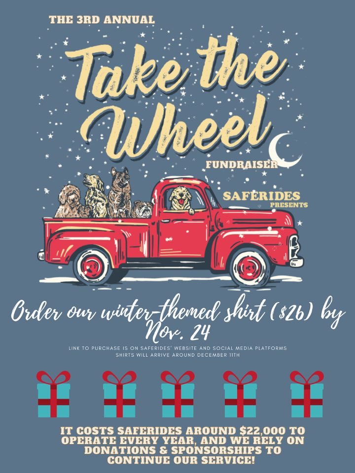 Our Take the Wheel fundraiser is off to a great start! Buy one of our fun winter themed T-shirts! Link is on our bio or on our website!