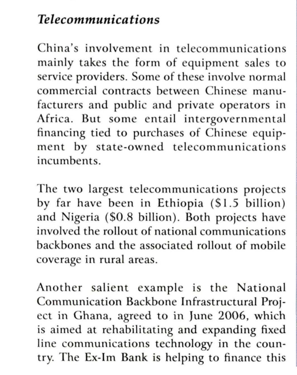 “China’s involvment in telecommmunications mainly takes the form of equipment sales to service providers. Some entail intergovernmental financing tied to purchase of Chinese equipment by state owned telecommunications incumbents”