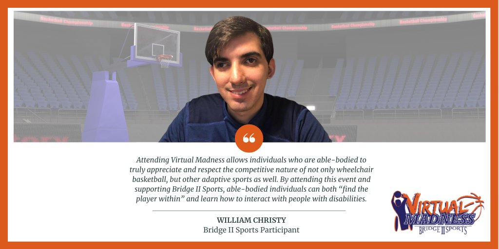 Bridge2Sports's tweet photo. Excited to have team members like William! Join us TONIGHT for our #VirtualMadness corporate event. See first hand the impact #Bridge2Sports has on people w/disabilities. Live at 6pm on YouTube: https://t.co/BO3rbQJI9B SEE YOU TONIGHT!!! #HoopsAreHoops @marychristy https://t.co/tIXiOV7qJ4