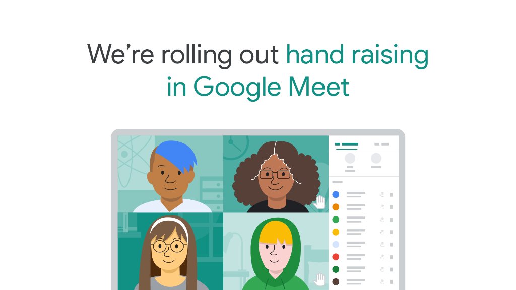 Show of hands—who’s looking forward to the hand raise feature rolling out in #GoogleMeet? ✋ Students in a Meet call will be able to virtually raise a hand to let you know that they want to participate without having to shout out or unmute. Learn more: goo.gle/38PQri6